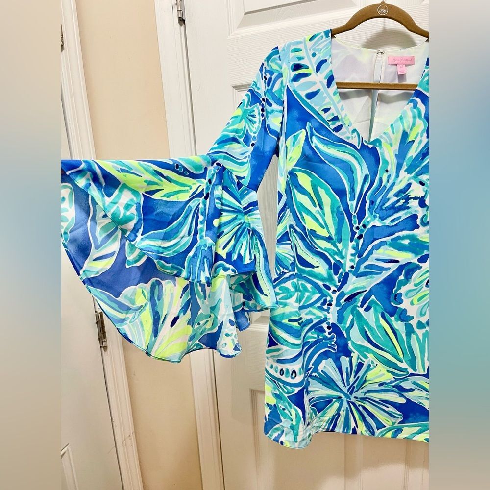 Lilly Pulitzer Dress Rosalia Beckon Blue Palm Passage Crepe Flounce Sleeves 00 - Picture 5 of 11